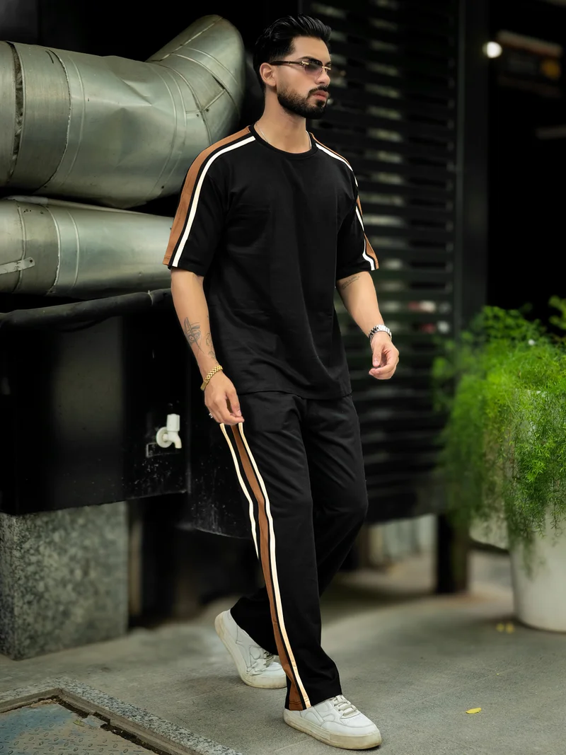 مانياك Maniac Mens Colorblock Side Tape Round Neck Half Sleeve Black and Brown Cotton Co-Ords